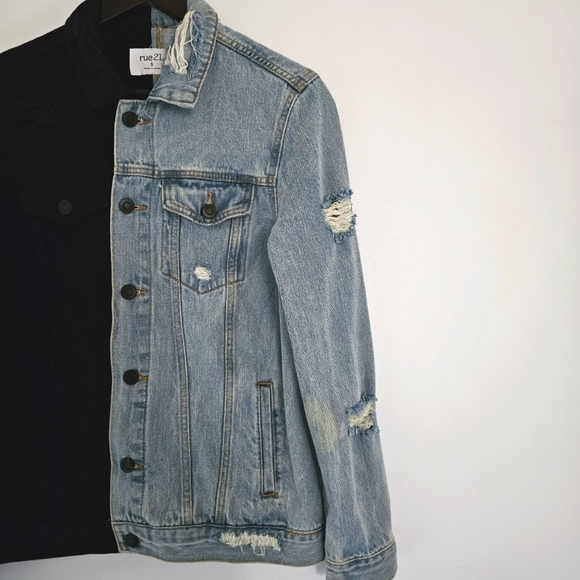 Rue 21 Unisex Small Destressed Color Block Black & Blue 100% Cotton Demin Jacket - Picture 5 of 13
